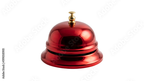 Shiny red service bell with gold handle isolated on transparent background