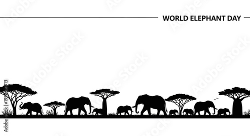 Silhouette illustration of a herd of African elephants walking in the savannah.
