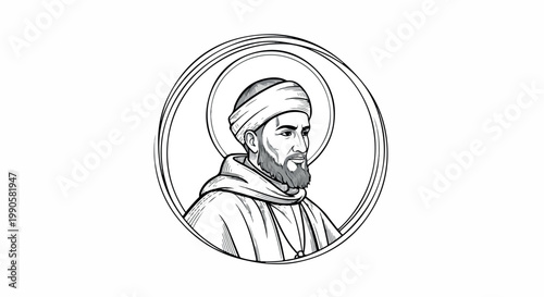 Line art portrait of a bearded man wearing a turban, framed by a circular halo in a classical sketch