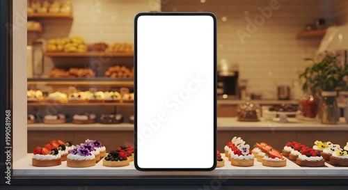 Bright Smartphone Mockup Centered in Bakery Display Case with Assorted Desserts
