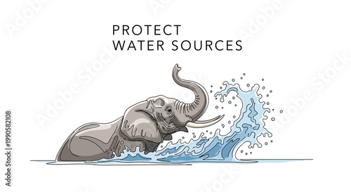 Illustration of a playful elephant splashing water in a river.