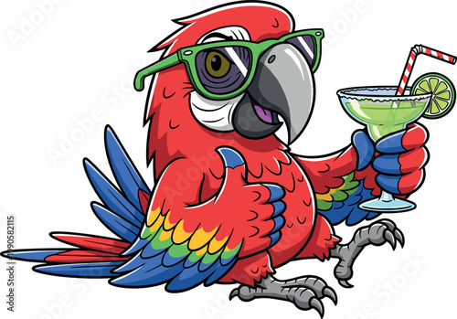 Funny Cartoon Red Parrot Character Wearing Sunglasses and Holding a Tropical Cocktail Drink for Summer Vacation, Beach Party, and Travel DesignsFunny Cartoon Red Parrot Character Wearing Sunglasses an