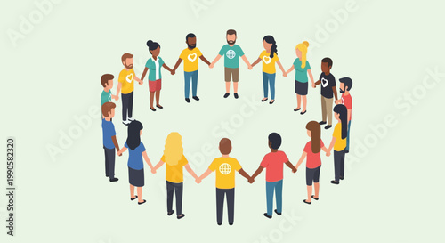 Diverse group of people holding hands in a circle for unity and togetherness.