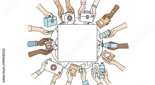 Illustration of diverse hands holding humanitarian aid and relief supplies around a central frame.
