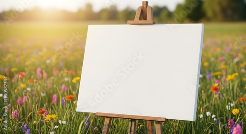 Blank White Canvas on Wooden Easel in Colorful Meadow at Sunset