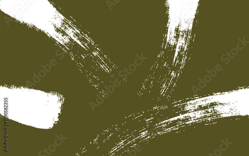 Abstract brushstrokes a dynamic composition of white paint on a dark olive green background
