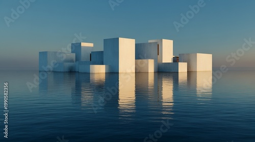 Modern geometric structure reflects in still water at sunrise near the shore in a calm coastal area