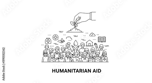 Conceptual line art drawing for humanitarian aid featuring a hand planting a sprout over a group of people.
