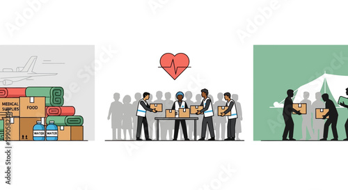 Humanitarian aid distribution by volunteers to people in need with food boxes and water.