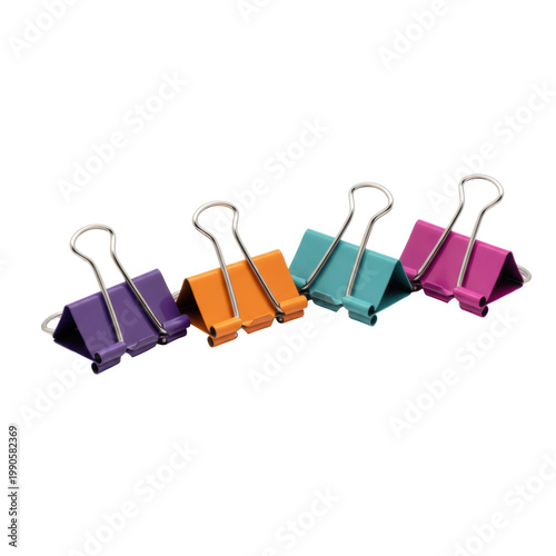 Four binder clips, deep royal purple, vibrant orange, muted teal, electric magenta, metallic arms, matte bodies, perfectly aligned on a white background, professional organization concept