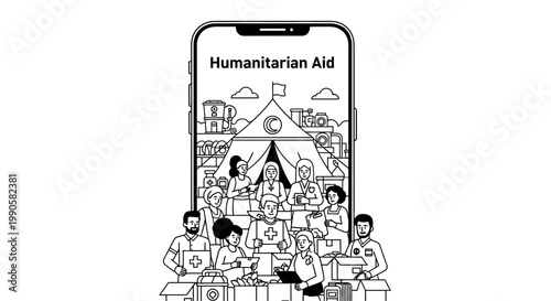 Humanitarian Aid Mobile Application Concept Featuring Volunteers Distributing Relief Supplies in Camp.