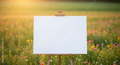 Blank White Canvas on Wooden Easel in Colorful Flower Field