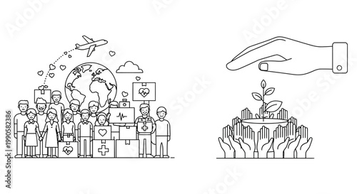 Global humanitarian aid medical relief and environmental protection sustainability line art illustration.