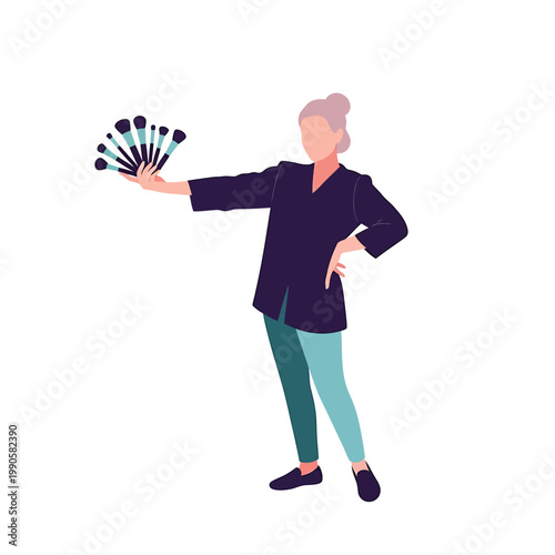 Confident Makeup Artist Showing Beauty Tools in Modern Flat Illustration Style