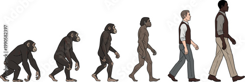 Human Evolution Theory Vector Illustration Showing the Biological Progress from Primitive Apes to Modern Professional Men for Science, History, and Educational Presentation DesignsHuman Evolution Theo