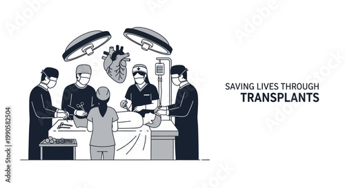 Medical team performing heart transplant surgery in modern operating room.