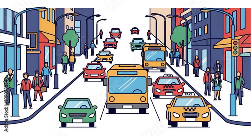 Busy City Street with Cars and Pedestrians.