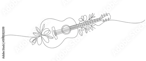 A continuous line drawing of an acoustic guitar adorned with delicate floral elements and leaves