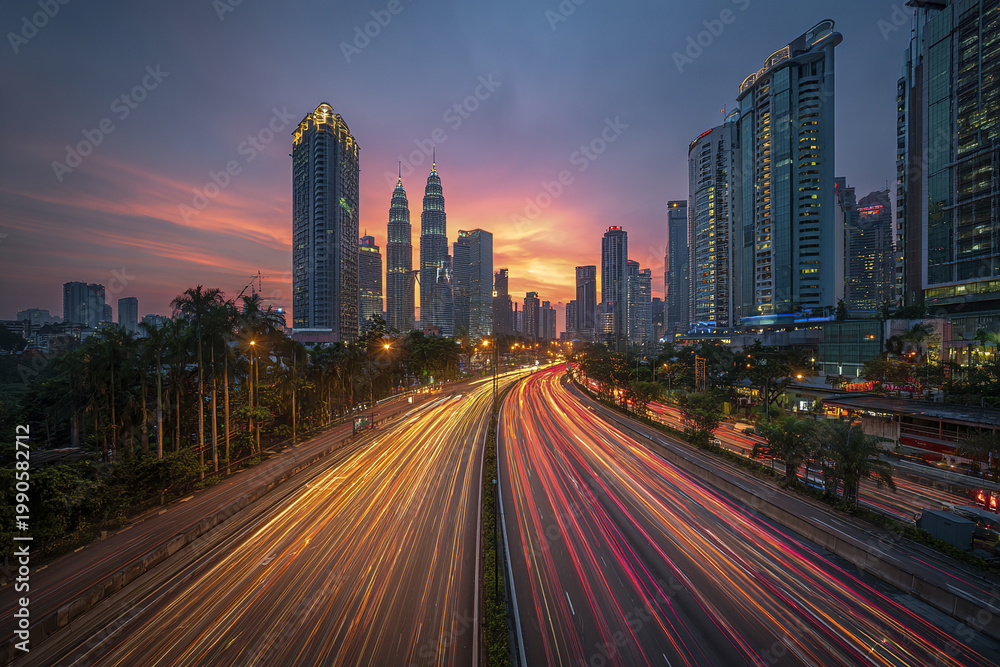 Fototapeta premium Long exposure traffic light trails on busy highway at sunset with modern skyscraper cityscape and vibrant colorful sky creating dynamic urban atmosphere