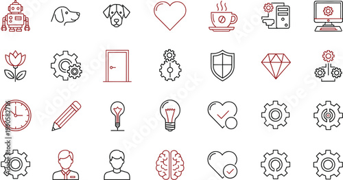 Creative lifestyle and technology line icon set featuring love pets innovation productivity health and business symbols collection