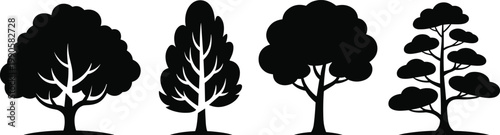 Collection of four black tree silhouette illustrations showcasing diverse canopy shapes, trunk styles, and natural botanical design 