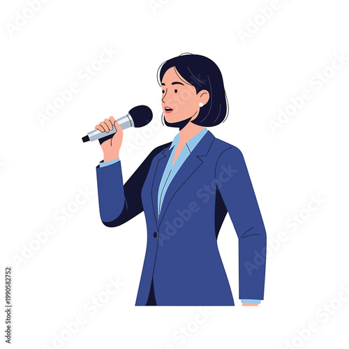 Professional Woman Speaking into Microphone, Presenting or Broadcasting in a Business Suit