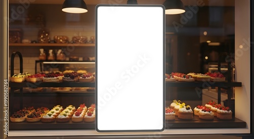 Colorful Display Case of Assorted Pastries with Illuminated Center Sign