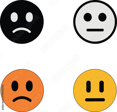 Collection of minimalist circular emoji icons depicting various moods and emotions including sadness and neutrality in flat vector design style