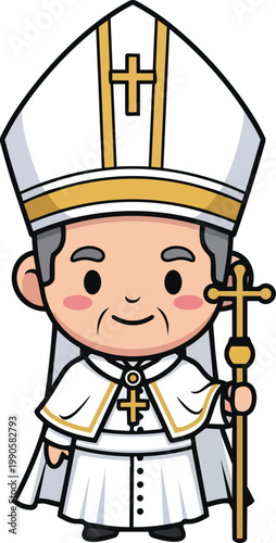Illustration of Pope Character Wearing Traditional White Robes and Holding Cross