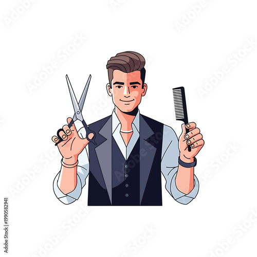 Smiling Professional Male Barber Holding Scissors and Comb Ready for Haircut Service