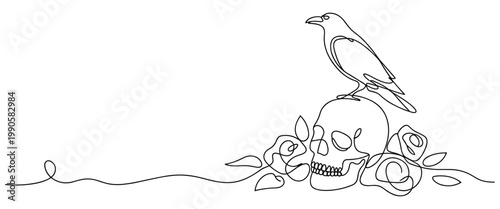 Minimalist continuous line art illustration of a crow perched on a skull surrounded by roses isolated on transparent background