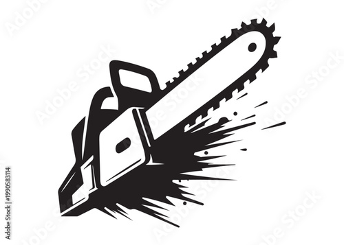 chainsaw cutting logo silhouette vector, chainsaw silhouette logo design illustration, chainsaw silhouette powerful vector design, woodcutter with chainsaw logo silhouette vector on white background