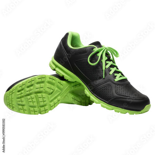 Pair of matte black running shoes with vibrant lime green laces and geometric traction soles in a minimalist white studio setting, sense of athletic speed