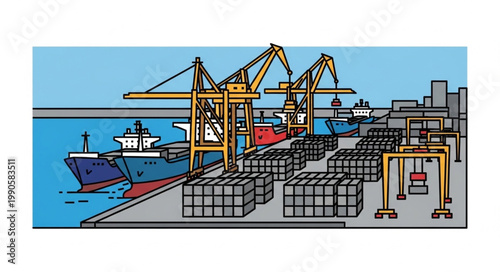 Busy Shipping Port with Cranes and Cargo Ships.