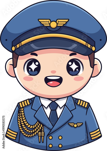 A cheerful cartoon pilot wearing a blue uniform and hat is smiling