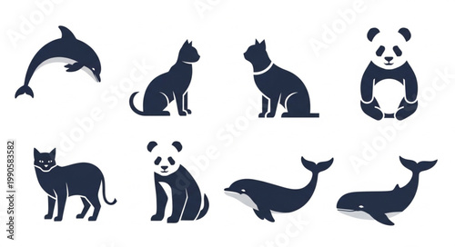 Collection of stylized animal silhouettes including cats pandas dolphins and whales.
