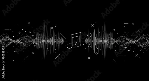 Abstract sound wave with musical note on black background.