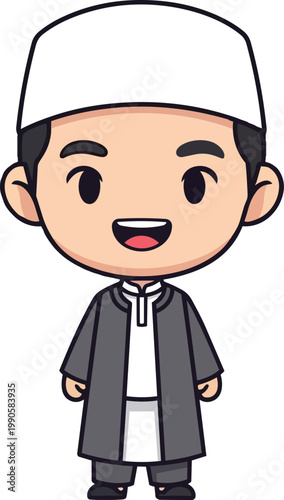 A smiling young boy wearing a traditional outfit and cap stands alone.