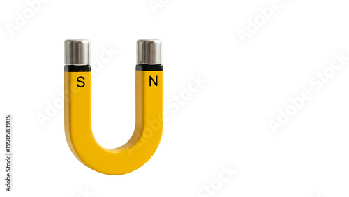 Yellow horseshoe magnet with silver ends and black labels isolated on transparent background