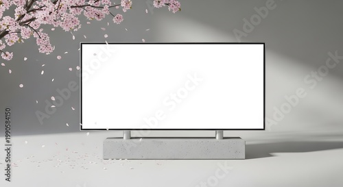 Modern Flat Screen Tv Display in Minimal Studio with Cherry Blossom Petals