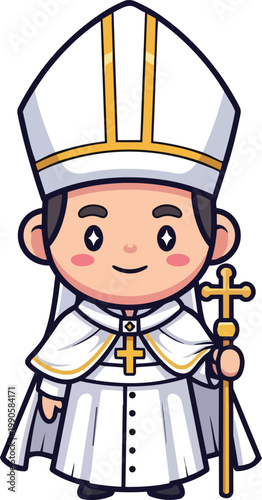 A cartoon illustration of a smiling pope wearing a white robe and mitre holds a gold cross.