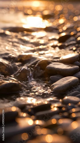 Golden sunset light reflecting on river water washing over pebbles creates serene beauty.