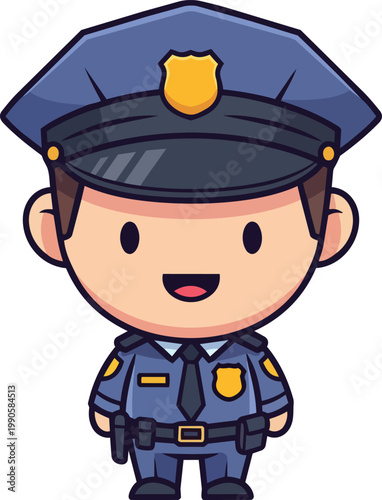 A smiling cartoon police officer wearing a blue uniform and hat