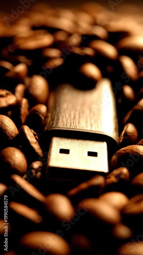 Close up of shiny dark roasted coffee beans with USB drive for data storage.