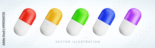 Vector cartoon 3d color medical pill realistic icon set. Medicine, pharmacy and drugs sign. 3d render of red, yellow, green, blue capsule. Vitamins, antibiotic, painkiller illustration collection.