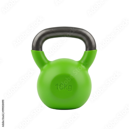 Neon green kettlebell with a grey cast iron handle sitting on a transparent background, textured surface showing weight detail, modern fitness equipment concept