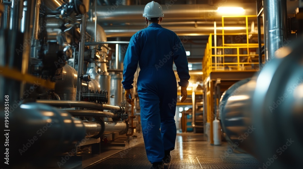 Fototapeta premium Industrial worker conducting maintenance in a processing facility inside a factory human activity dimly lit environment side angle industrial concept