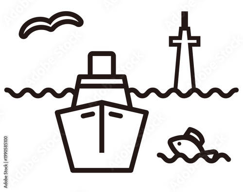 海洋資源と漁業・輸送を表すミニマルラインアイコン