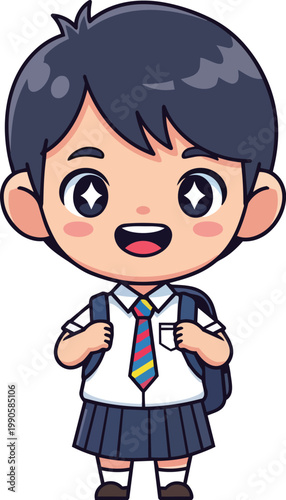 A cheerful schoolgirl wearing uniform and backpack smiling