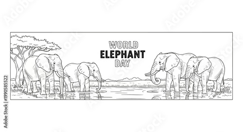 World Elephant Day coloring page illustration with african elephants.